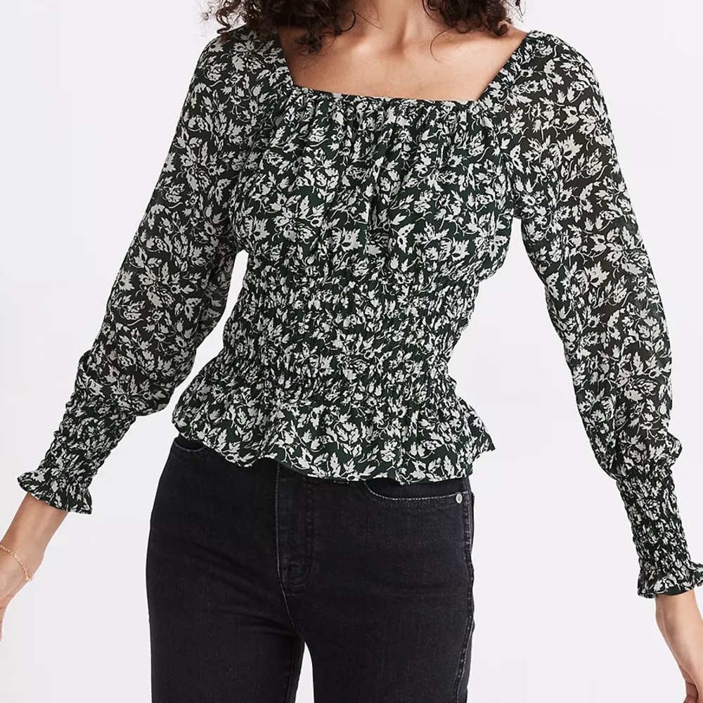 Madewell Georgette Square-Neck Smock-Waist Top in Forest Leaves